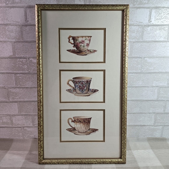 Carolyn Shores Wright Victorian Teacups Gilded Gold Ornate Framed Matted Print